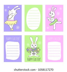 Happy Easter greeting cards. Cute Bunny in a skirt dancing. Hare with a bouquet of flowers. Can be used for invitations and greetings.
