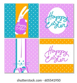 Happy Easter greeting cards. Easter design with rabbit  and hand written lettering.  Vector design templates.