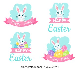 Felices tarjetas de felicitación de Pascua. Huevos de Pascua, conejito. Ilustración del vector