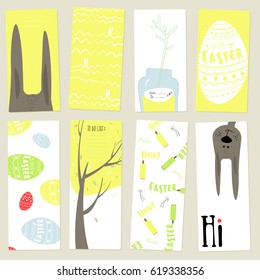 Happy Easter greeting cards with eggs and rabbit. Easter egg hunt. Vector design templates for scrapbooking cards, greeting cards, gift cards, patterns, blogging.