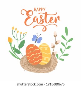 Happy Easter greeting cards. Hand drawn flat cartoon elements. Concept with eggs and emblems for greeting cards and banners. Vector illustration. Isolated on white background