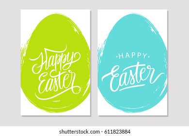 Happy Easter greeting cards with handwritten holiday wishes and brush stroke egg shape background. Vector illustration.