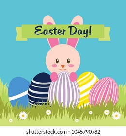 happy Easter greeting cards illustration with eggs and a rabbit