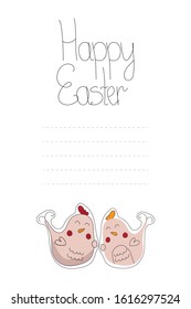 Happy Easter greeting cards with lettering and cute chickens flat illustration. Vector templates for poster, flyer and other users. Design element.
