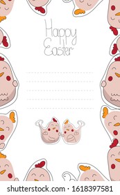 Happy Easter greeting cards with lettering and frame of cute chickens flat illustration. Vector templates for poster, flyer and other users. Design element.