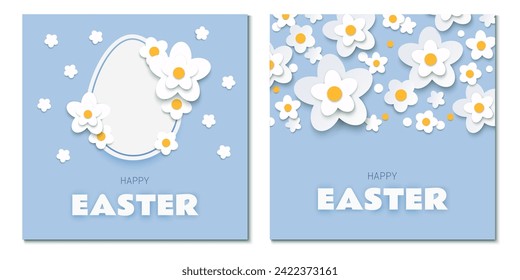 Happy Easter greeting cards with paper cut egg and white flowers on blue background. Vector illustration.
