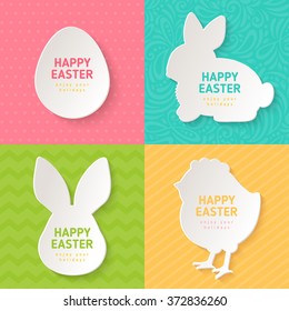 Happy Easter Greeting Cards with Paper Cut Holiday Symbols - Egg, Bunny Rabbit and Chicken. Vector illustration. 