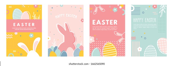 Happy Easter. Greeting cards or posters with bunny, spring flowers and Easter egg. Egg hunt poster template. Abstract line style Spring background. vector illustration