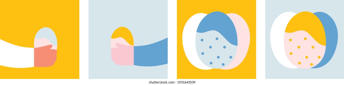 Happy Easter. Greeting cards or posters with Easter egg vector illustration. Egg hunt poster template. Abstract line style Spring background. Cartoon flat elements.