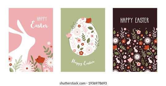 Feliz Pascua. Tarjetas de felicitación o afiches con conejo, flores de primavera y huevo de Pascua. Plantilla de afiches de caza de huevos. Fondo de primavera. ilustración vectorial
