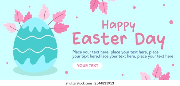Happy Easter greeting cards, posters, holiday covers. Trendy design with typography, spring hand drawn leaves, dots, egg and bunny in blue color background. Horizontal Modern art minimalist style.