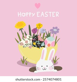 Happy Easter greeting cards, posters, holiday covers. Set of Easter eggs with different textures. Easter eggs, spring flowers and white cute cartoon bunny. Easter day design elements