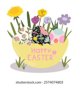 Happy Easter greeting cards, posters, holiday covers. Set of Easter eggs with different textures. Easter eggs, spring flowers and white cute cartoon bunny. Easter day design elements