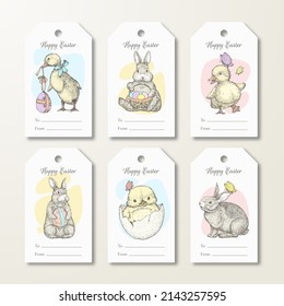 Happy Easter Greeting Cards or Ready-to-Use Gift Tags or Labels Templates Set. Hand Drawn Cute Animals and Birds Sketch Illustrations. Spring Holiday Celebration Design Layouts Bundle. Isolated