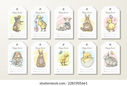 Happy Easter Greeting Cards Ready-to-Use Gift Tags or Label Templates Set. Hand Drawn Cute Animals and Birds Sketch Illustrations. Spring Holiday Celebration Design Layouts Bundle. Isolated