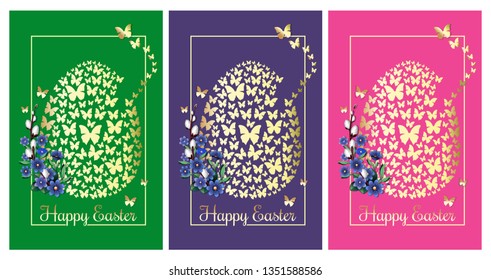 Happy Easter. Greeting cards set with an Easter egg consisting of golden butterflies. Collection of colorful posters for Easter. Vector illustration