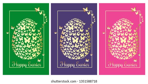 Happy Easter. Greeting cards set with Easter egg consisting of golden butterflies. Collection of colorful posters for Easter. Vector illustration