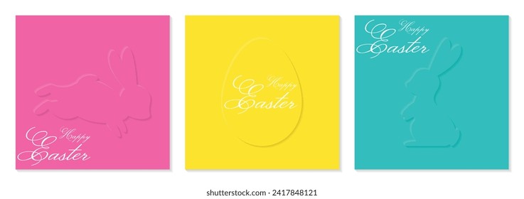 Juego de tarjetas de felicitación de Pascua. Cartel de diseño, pancarta con siluetas de conejo y huevo. Ilustración del vector