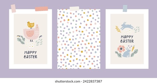 Tarjetas de felicitación de Pascua con conejos bonitos, flores de primavera y polluelos. Ilustración del vector