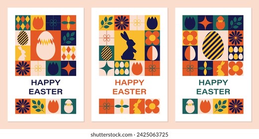 Happy Easter greeting cards. Set of modern geometric backgrounds. Abstract neo geometric pattern. Template for postcard or invitations. Vector illustration