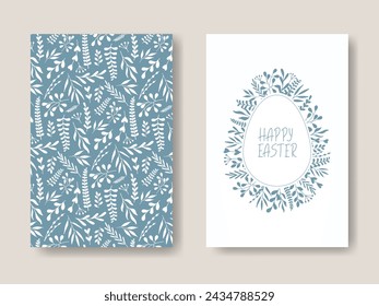 Happy Easter greeting cards set. Abstract Easter Egg symbol. Silhouette of white and blue leaves Plant. Botanical modern Spring Holiday background