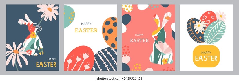 Happy Easter greeting cards set. Holiday posters design with spring flowers, bunny and eggs. Modern art style. Hand drawn vector illustration