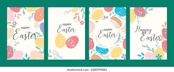 Happy Easter greeting cards set. Group of cards with colorful eggs and congratulation text. Collection of corporate vertical templates for the holiday, vector graphics