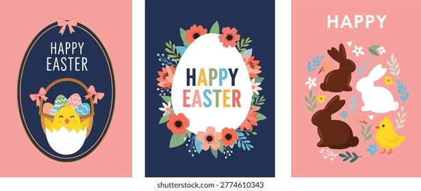 Happy Easter greeting cards set, cute bunny, spring flowers, chick in egg, floral wreath, festive holiday posters, cad drawing flat vector illustration,