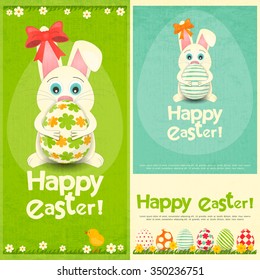 Happy Easter Greeting Cards Set. Easter Bunny holding Easter Egg. Vector Illustration.