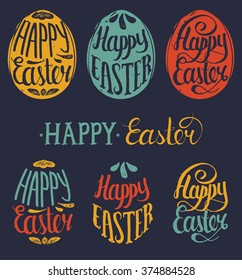 Happy Easter greeting cards set. Paschal lettering in egg shape. Religious holiday vector illustrations for poster, flyer.