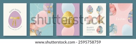 Happy Easter greeting cards set with beautiful decorated eggs. Watercolor and golden eggs. Collection of elegant design templates in minimalist style. Trendy vector easter illustration