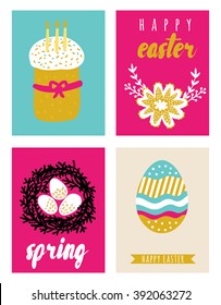 Happy easter greeting cards template with Easter eggs, Easter bunny, cake, nest and flowers