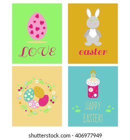 Happy easter greeting cards template with Easter eggs, Easter bunny, cake, nest.
