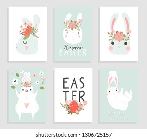 Happy Easter greeting cards templates with eggs, flowers, floral frames and wreaths, rabbit and lettering. Vector illustration