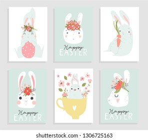 Happy Easter greeting cards templates with eggs, flowers, floral frames and wreaths, rabbit and lettering. Vector illustration