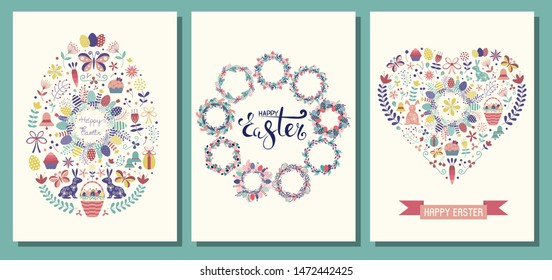 Happy Easter greeting cards with with traditional festive symbols and elements stylized in heart, star and wreath shape. Spring holiday Easter congratulation postcard prints templates in retro style.