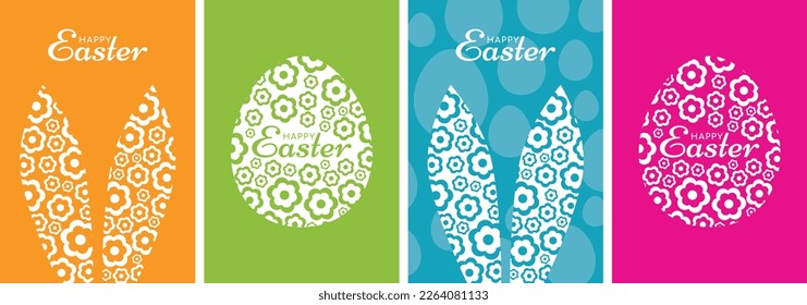 Feliz Pascua, tarjetas de felicitación con tipografía, orejas de conejito, flores y huevos. Ilustración vectorial.