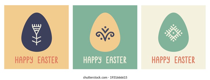 Happy Easter greeting cards. Vector Easter eggs with tribal elements, ethnic symbols. Easter eggs with 'Happy Easter' lettering. Holiday concept