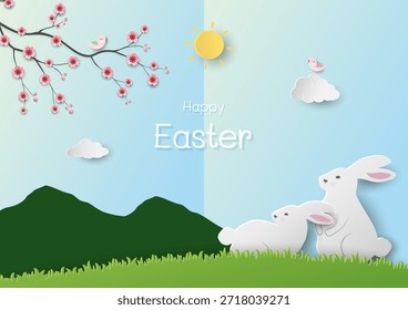 Happy Easter greeting card,Spring field background with cute Bunny and blooming flowers on sunshine day,vector illustration