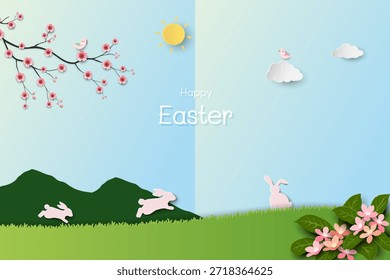 Feliz cartão de saudação de Páscoa, fundo de campo de primavera com coelhos bonitos feliz no dia de sol, ilustração vetorial