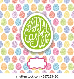 Happy Easter greeting Card,vector egg pattern background.Easter egg shape label with Hand lettering font,title.Vector Easter calligraphy decoration.Green icon,symbol.Colored backdrop