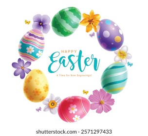 Happy easter greeting clipart background. Easter egg hunt clip art with colorful eggs and flowers decoration elements in round shape template. Vector illustration holiday greeting card design. 
