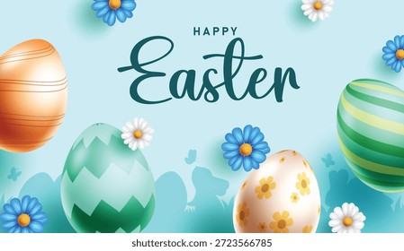Happy Easter greeting clipart background design. Happy Easter greeting text with printed and pattern Easter egg, white and blue chamomile flowers background design clip art Sunday celebration banner card template vector illustration.
