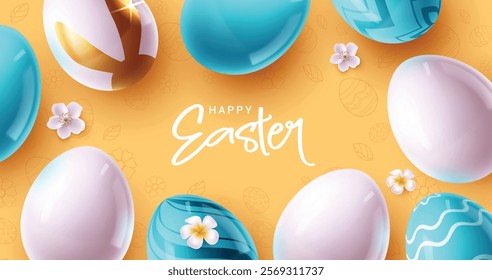 Happy easter greeting clipart banner design. Easter greeting text clip art in orange doodle frame background with white, blue and printed smooth shiny easter eggs elements. Vector illustration easter 