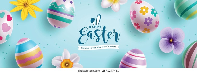 Happy easter greeting clipart banner. Easter egg hunt celebration clip art with 3d eggs and flowers decoration elements for greeting card holiday background. Vector illustration seasonal banner. 
