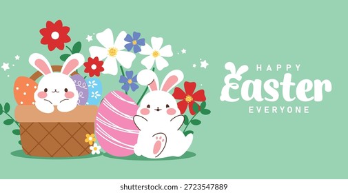Happy Easter greeting clipart banner design. Happy Easter greeting and wishes banner card template clip art with cute bunny, colorful Easter egg and spring flowers in the basket for seasonal celebration vector illustration.
