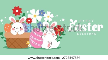 Happy Easter greeting clipart banner design. Happy Easter greeting and wishes banner card template clip art with cute bunny, colorful Easter egg and spring flowers in the basket for seasonal celebration vector illustration.
