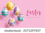 Happy easter greeting clipart design. Easter egg hunt with cute colorful eggs elements hanging in pink background for playful kids celebration clip art. Vector illustration seasonal greeting design. 

