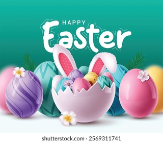 Happy easter greeting clipart design. Happy easter text clip art with big crack egg shell, bunny ears and colorful eggs elements for egg hunting celebration. Vector illustration easter greeting card 