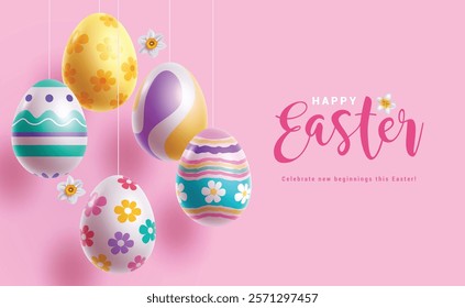 Happy easter greeting clipart design. Easter egg hunt with cute colorful eggs elements hanging in pink background for playful kids celebration clip art. Vector illustration seasonal greeting design. 
